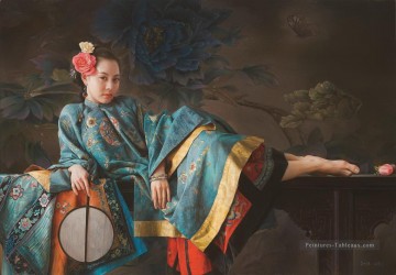 chinoise Tableau Peinture - papillon bleu fille chinoise